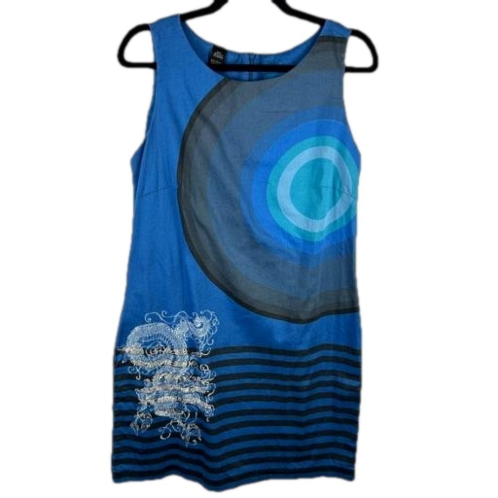 Desigual Boho Artsy Cotton Blend Sleeveless Blue Shift Dress Small